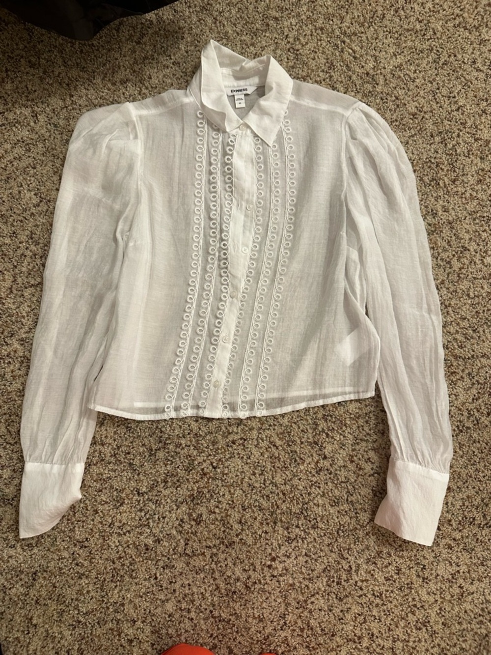 Express White Lace-Trim Sheer Button-Down Blouse